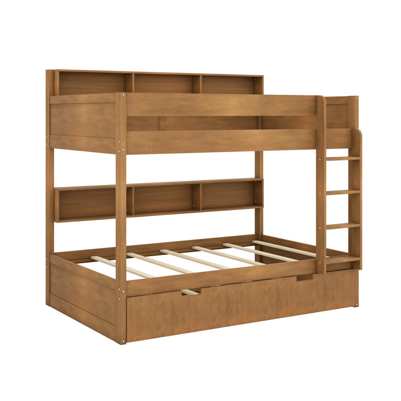 Lit superposé avec lit gigogne, lit superposé en bois avec tablettes de rangement, échelle et garde-corps, Antique Wood