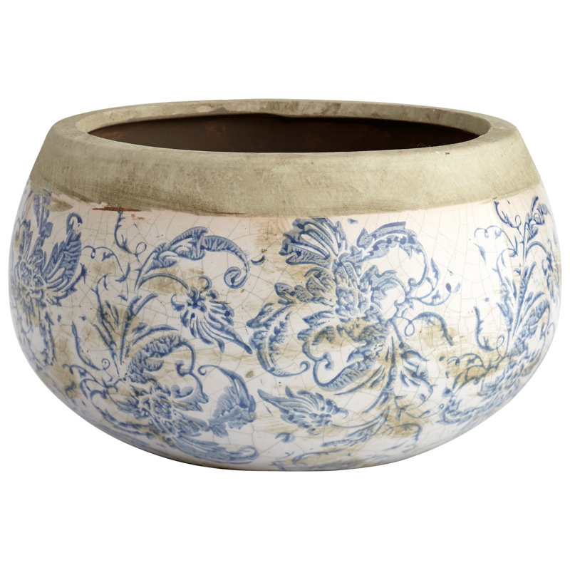 Medium Blue Terracotta Planter with Floral Design
