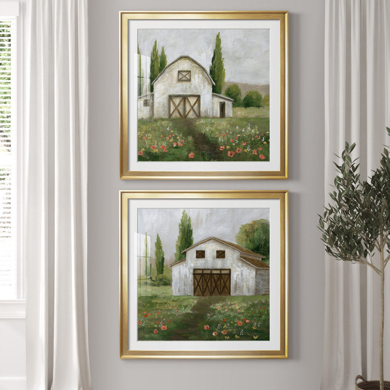 Country Barn I - ensemble de 2 reproductions d'art, H 34,5 po x l 69 po x P 1,5 po, Papier encadré doré, Blanc