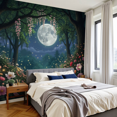 Peel and Stick Wallpaper Forest Flowers Fireflies Full Moon Fantasy Fairy Wall Murals 100"H x 144"W Removable PVC Wall Paper Self-Adhesive Wall Paintings Art Decor for Bedroom Living Room