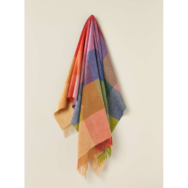 Jeté en laine Shetland, Bleu / vert / rouge / orange géométrique