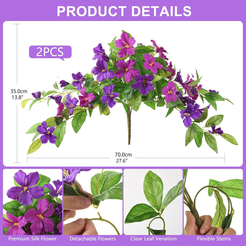 2 paquets de fleurs en soie artificielles réalistes résistantes aux rayons UV pour la décoration extérieure, le patio, le jardin, le porche et le style d'événement