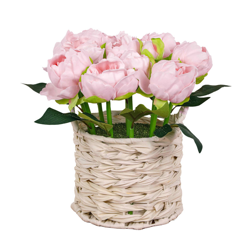 Bouquet de pivoines dans un panier blanc, Rose clair, Beige
