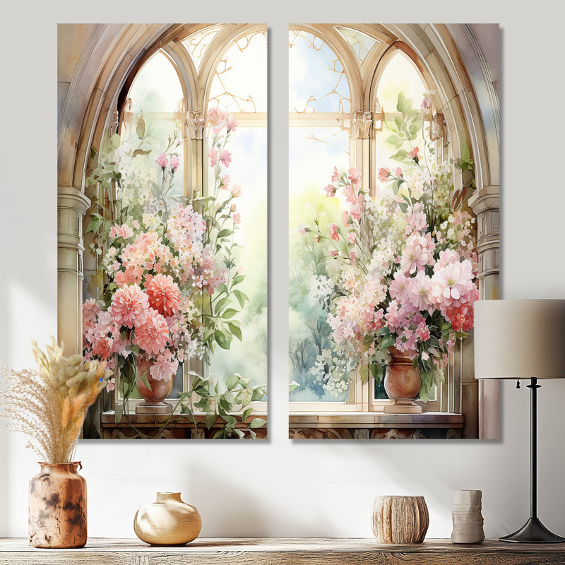 «Pink Blossoming Country Window Gaze V», art mural 2 pièces, 20" H x 24" W, Wrapped Canvas, Does Not Apply