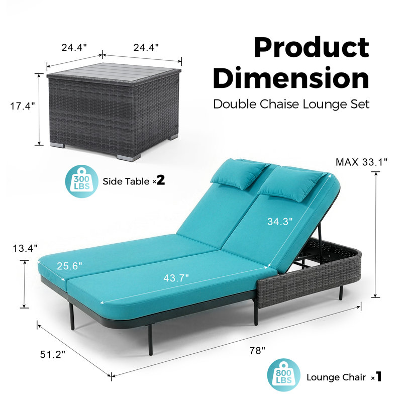 Outdoor Wicker Double Chaise Lounge Chair with Side Table & Cushions, Adjustable Reclining Back, Teal
