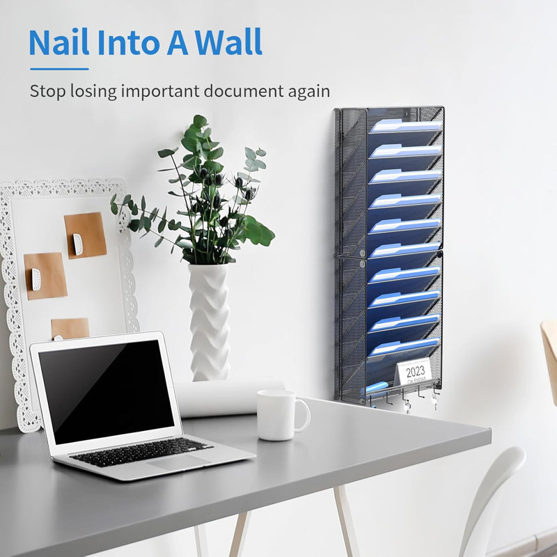 12 Tier Wall Mount File Organizer with Hooks Vertical Hanging Document Storage Rack