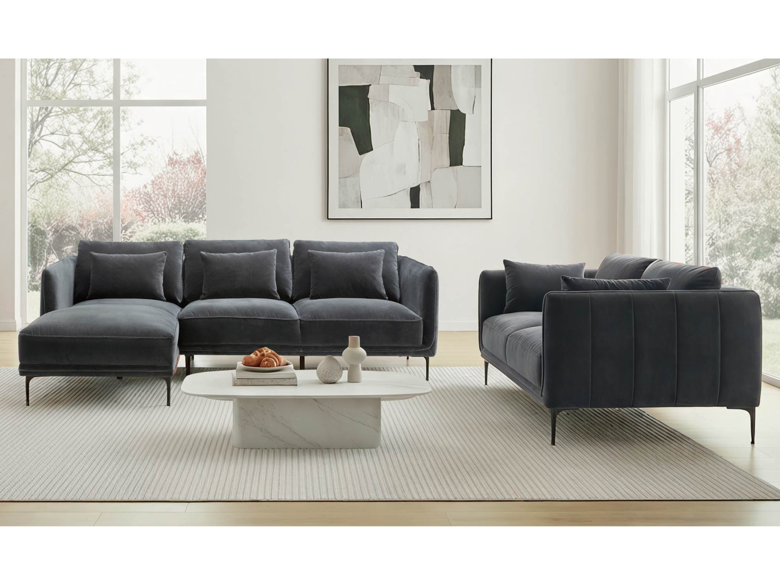 Rae 3-Piece Velvet Living Room Set, Left Hand Facing, Falkirk Gray