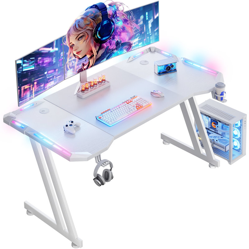 55 Inch LED Gaming Desk with RGB Lights, Large Computer Desk with Cup Holder, Headphone Hook & Mouse Pad, Modern Ergonomic PC Table for Home Office Gaming Setup, White