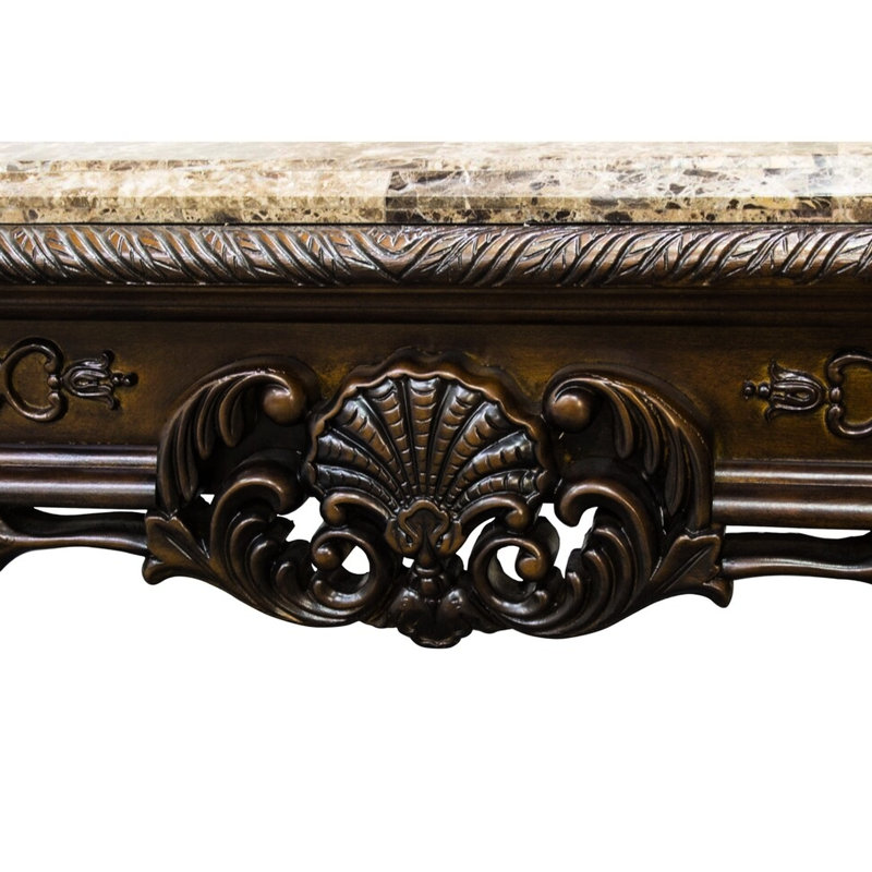 Bois massif, table d'appoint, plateau en marbre, brun cerise, configuration carrée à finition lisse noire et marbre brun, style antique classique
