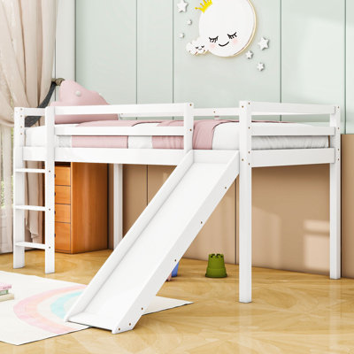 Twin Wooden Low Loft Bed With Slide And Safety Guardrails