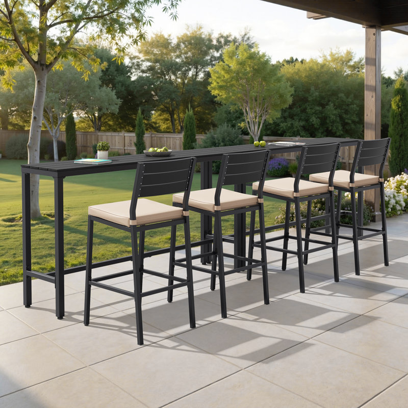 4 - Person Rectangular 126'' L Metal Patio Dining Bar Set, Beige, Black
