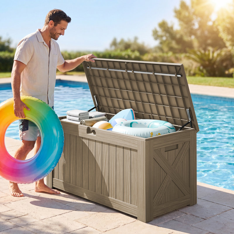 Boîte de rangement en plastique verrouillable pour terrasse Furmax 120 gallons, Beige