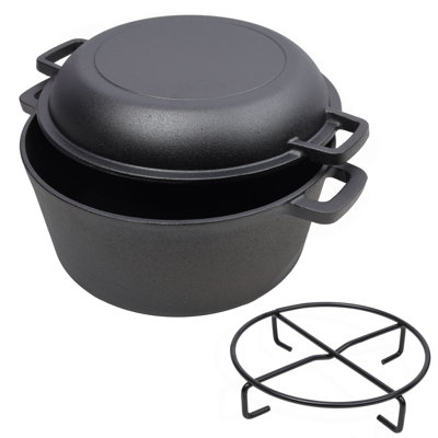 2 In 1 Pre-Seasoned Cast Iron Dutch Oven With Dual Handles, Outdoor Camping Deep Pot For Camping Fireplace Cooking BBQ Baking Campfire, 5 Quart.With 1Pc Iron Pot Rack.