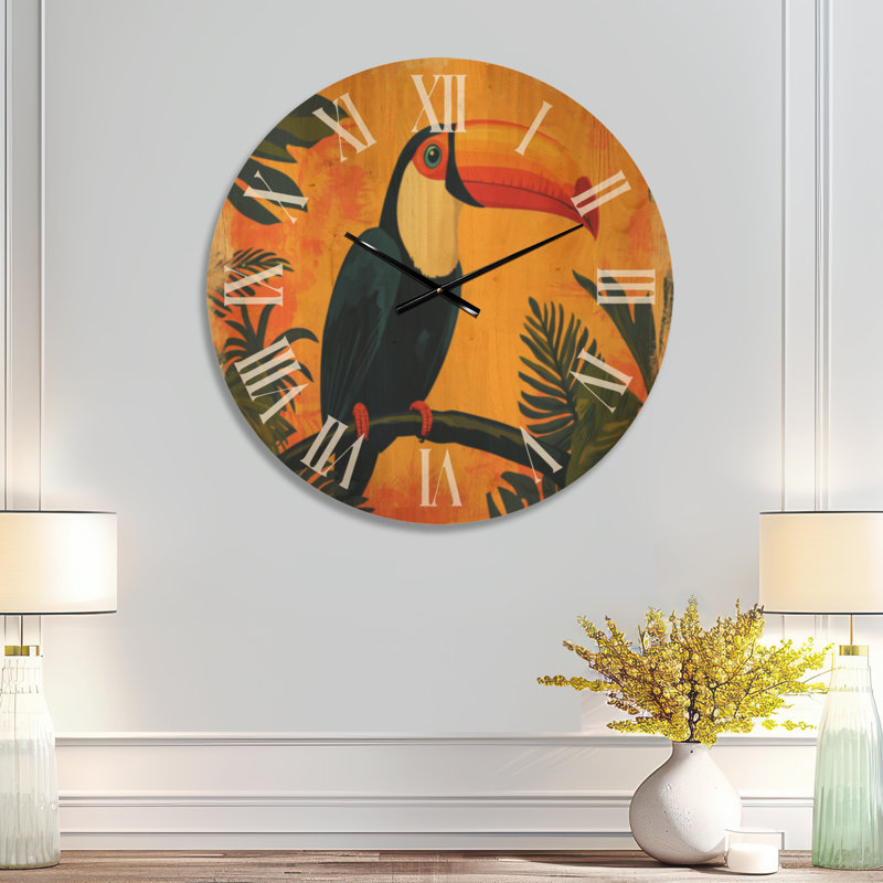 Grande horloge murale en bois rétro - affiche rétro de la jungle toucan, Large