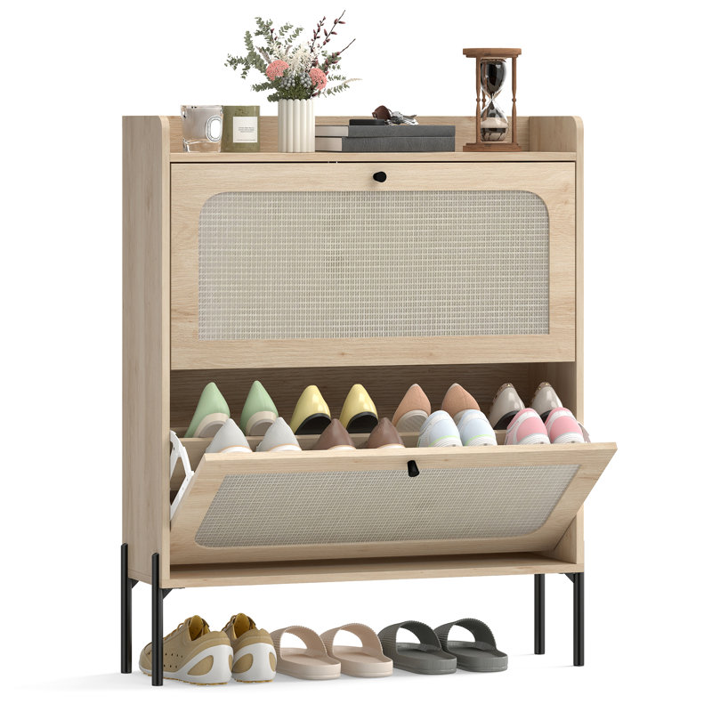 HOMCOM Narrow Shoe Cabinet with 2 Flip Drawers Adjustable Shelves, Oak