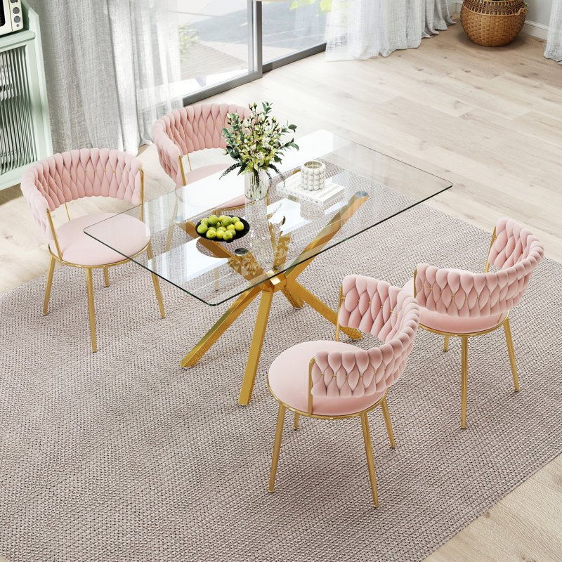 Rectangle Pedestal Dining Set with Modern Weaven Velvet Dininig Chair, 5 Pieces: Table, 4 Chairs, Pink, Gold