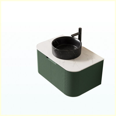 Meuble-lavabo flottant 30 po avec lavabo, armoire de rangement en contreplaqué rayé à bords arrondis avec tiroir, lavabo rond en céramique noir mat et plateau en pierre frittée, pré-assemblé, vert foncé