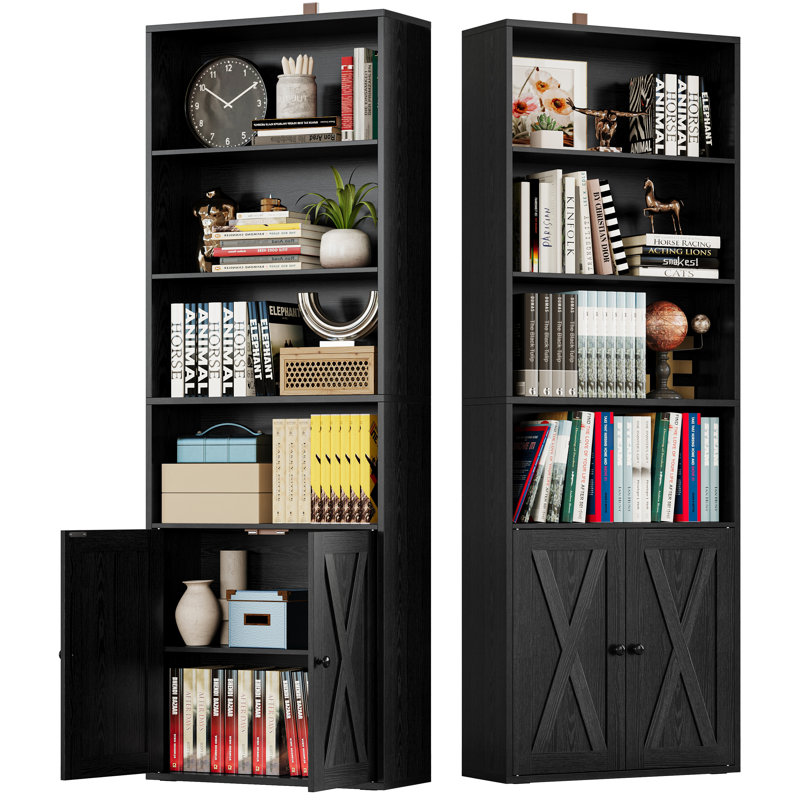 Bookcase 6 Tiers Set of 2 with Doors Sturdy and Easy Assembly for Home Office, Vintage Black