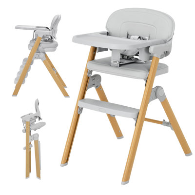 Baby High Chair for Babies and Toddlers - Foldable Portable Feeding Chair with Removable Tray, Adjustable Footrest & Easy-Clean Waterproof Cushion, Light Gray Wood Grain Legs
