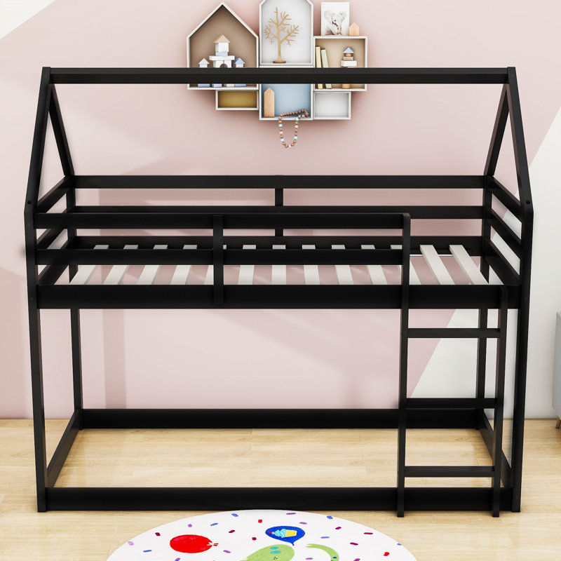 Twin Over Twin Wood Bunk Bed With Ladder, Guardrails And Roof Shaped Design, Black