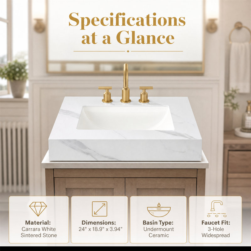 Dessus de meuble-lavabo en pierre frittée blanche 24 "avec lavabo encastré en céramique Carrara 24", Fixé au comptoir