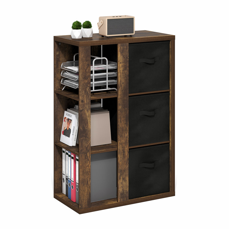 Samual 3-Tier Open Shelf Bookcase, Bookshelf, Storage Organizer, with Storage Bins, Amber Pine/Black