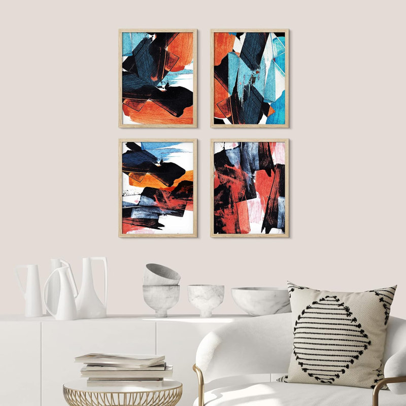 Ensemble de 4 reproductions murales géométriques abstraites encadrées sur papier quadrillé rouge et bleu encadrées sur papier, impression de 4 pièces