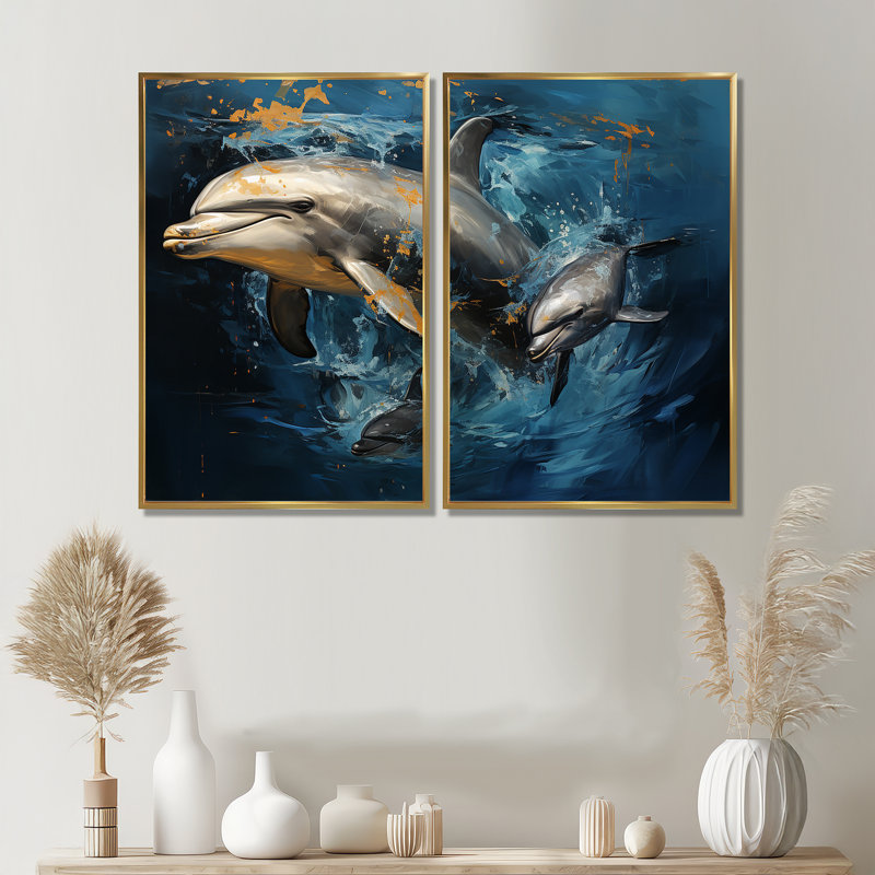 Blue Dancing Dolphines IV - Décoration murale moderne, Impression encadrée flottante, H 36 po x l 48 po, Doré