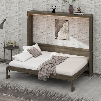 Horizontal Murphy Bed With LED Light, Farmhouse Murphy Bed Cabinet