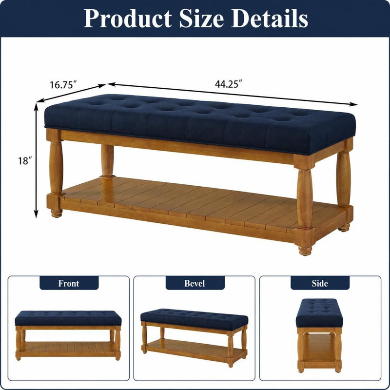 Banc rembourré capitonné en lin avec tablette de rangement fonctionnelle et pieds en bois massif, sièges d'appoint polyvalents, sièges confortables robustes et assemblage facile