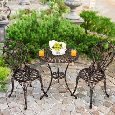 Bistro Table And Chairs Set Of 2 Outdoor 3 Piece Patio Set Tulip Pattern Cast Aluminum Bistro For Garden Balcony, Durable Rust All-weather Resistance (bronze)