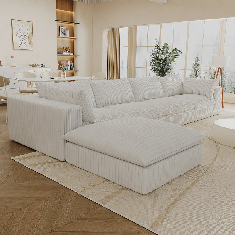 Canapé Cloud, tissu velours côtelé, sièges profonds, conception à deux couches, coussin amovible, Blanc