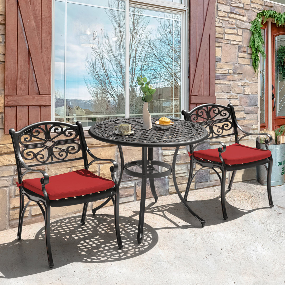 Outdoor 3-Piece Patio Set Cast Aluminum Bistro Table and Chairs of 2, with Umbrella Hole and Cushions for Patio Balcony, Black with Gold-Painted Edge World Menagerie