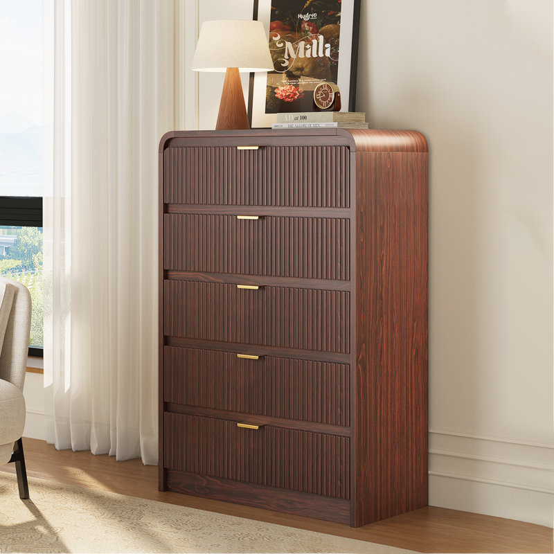 31.5'' W 5 - Drawer Mid-Century Modern, Wooden Dresser with Curved Profile, Fluted Design and Handles, Walnut