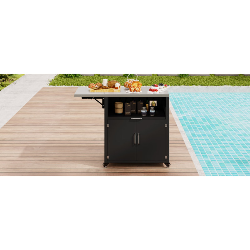 Rangement extérieur polyvalent avec fonctions pliantes et extensibles, armoire noire matte: table pliable, panneau en fer, rangement spacieux,