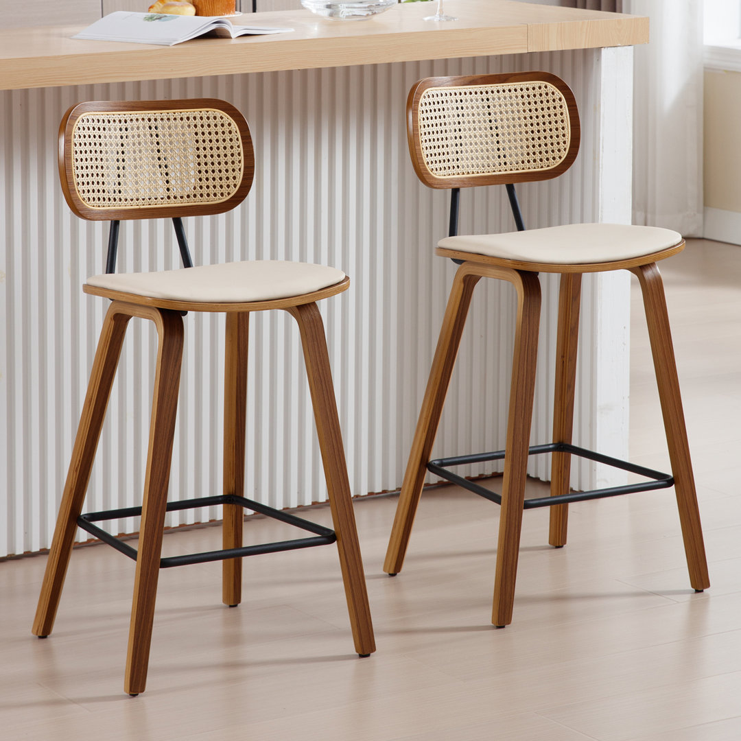 Rattan Barhocker 2Er Set Mit Massivholzbeinen, Beige