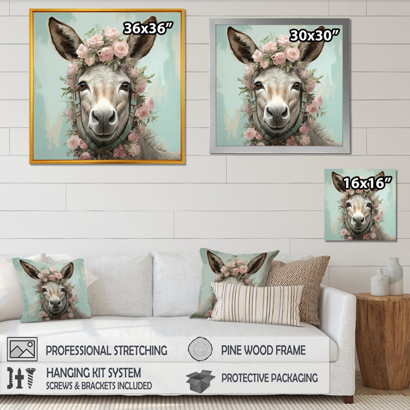 Adorable portrait floral d'âne - art mural d'âne, H 36 po x l 36 po x P 1,5 po, Cadre simple argenté
