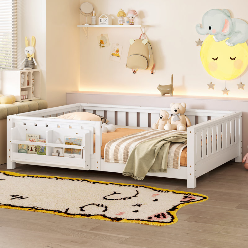 Full bed with built-in bookshelf and high-quality safety guardrail,White, White, Full
