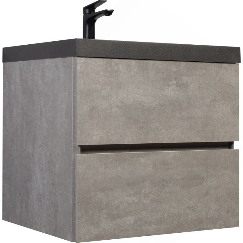 Meuble-lavabo mural 24 po avec lavabo, meuble-lavabo mural moderne avec lavabo à quartz noir et tiroirs à fermeture en douceur, gris ciment série EDI
