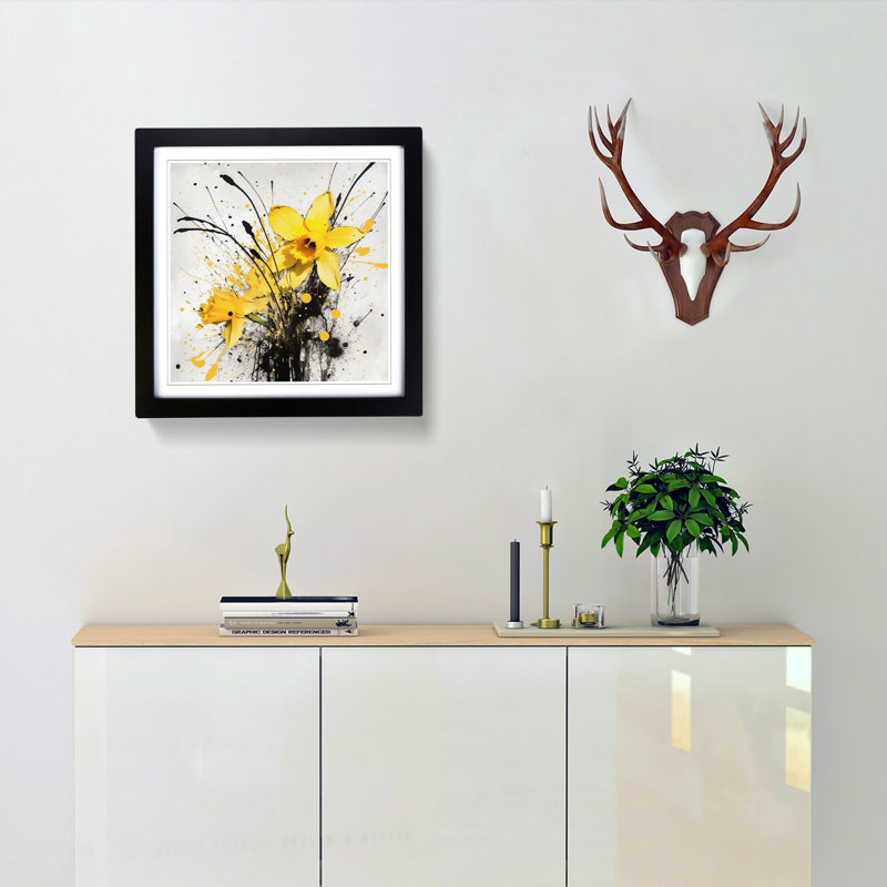 Daffodil Splatter - Single Picture Frame Print on Wood, Black