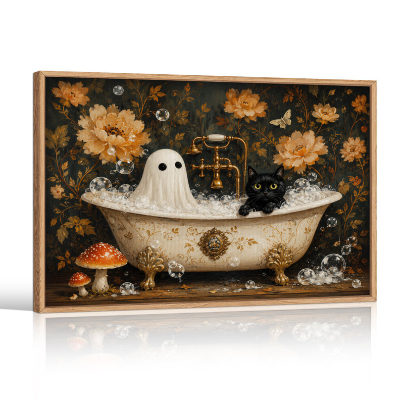 Art mural, toile blanche avec fantôme blanc et chat noir dans une baignoire rétro, H 32 po x l 48 po