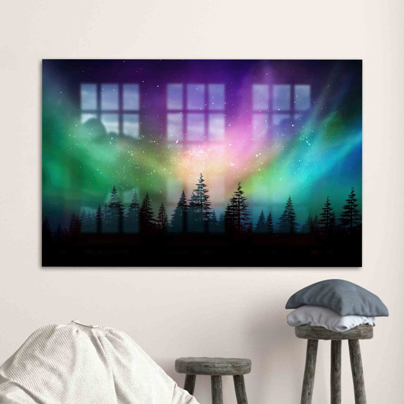 Art mural en verre inspiré des aurores boréales mettant en vedette un espace de ciel naturel pour une mise en valeur élégante et un design intérieur unique