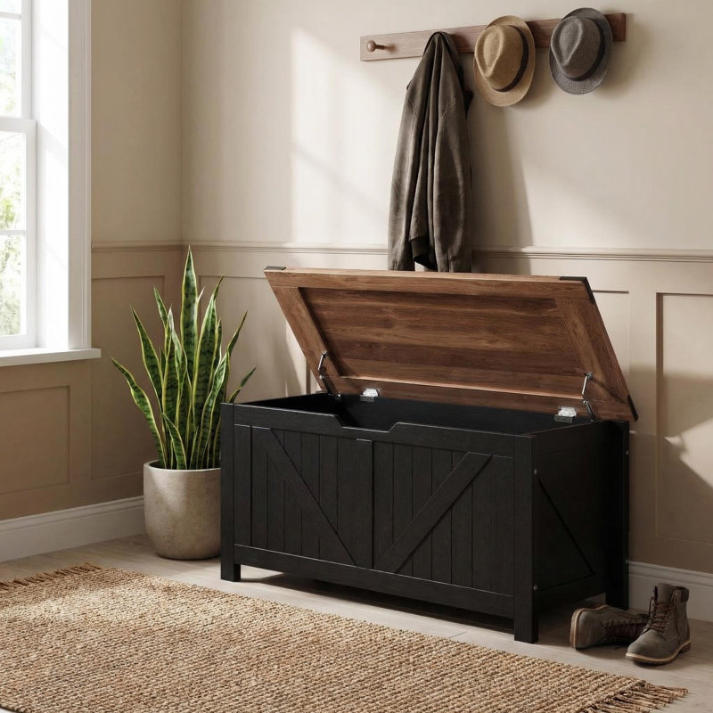 Farmhouse Storage Bench, Storage Chest with 2 Safety Hinges, 15.7 x 39.4 x 18.9 Inches, Ideal for Entryway, Bedroom, and Living Room