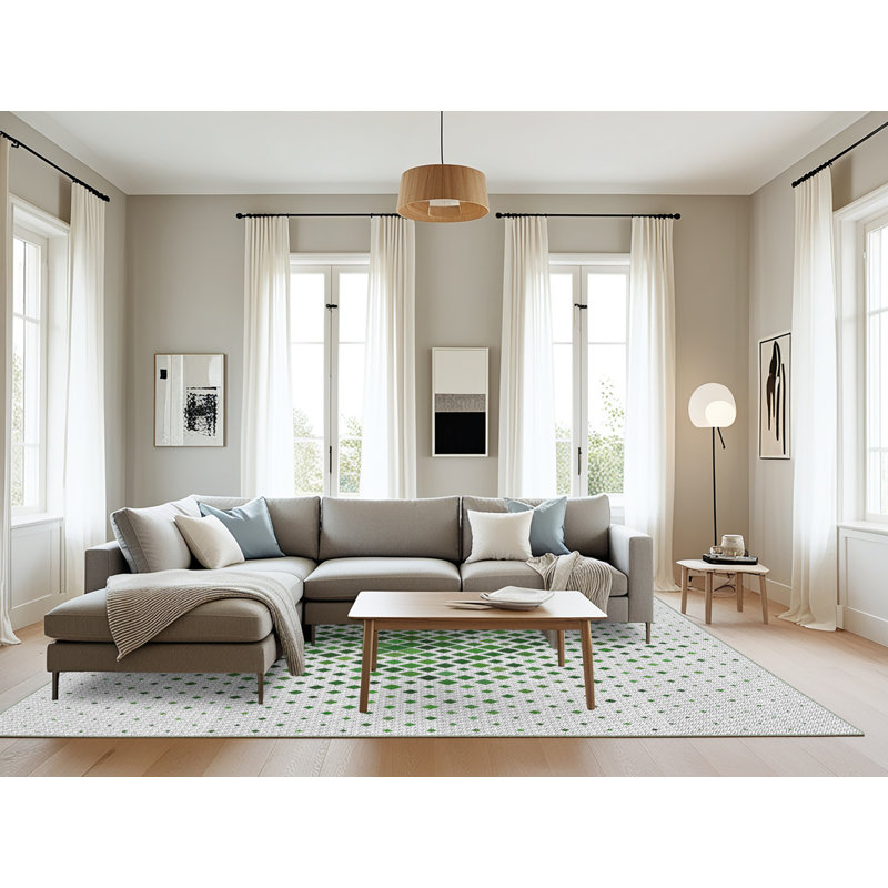Laine tissé à la machine à motifs géométriques et polyester gris/vert Tapis décoratif, Rectangle 8' x 12'