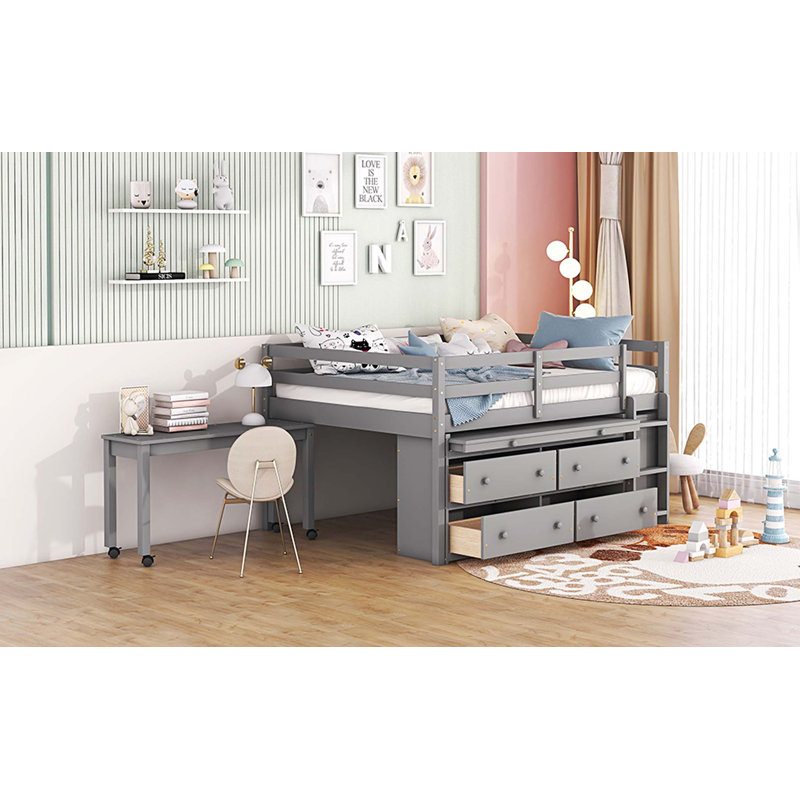Lit mezzanine avec bureau d'écriture rétractable et 4 tiroirs, Double, Gris