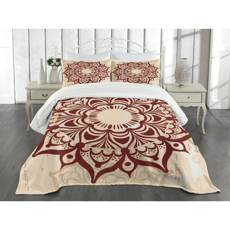Ambesonne East Bedspread Set Round Cultural Ornament Peach and Ruby, King Bedspread + 2 Standard Shams