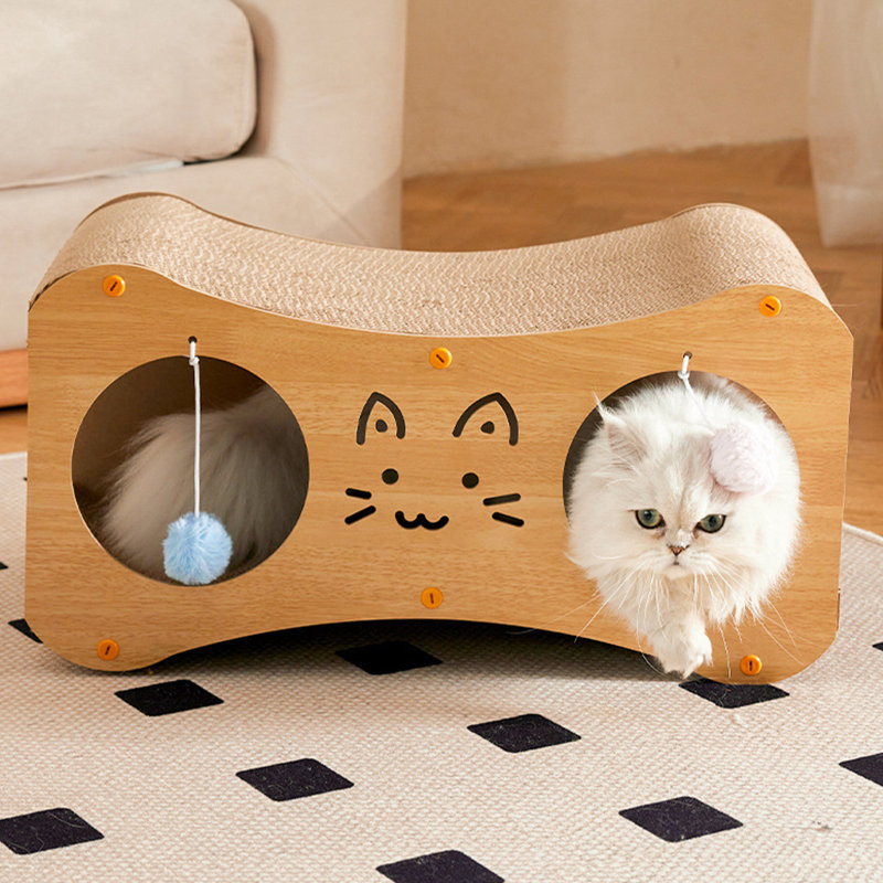 Chat à griffer avec tunnel à billes, Moyen (H 9,84 po x l 4,33 po x L 19,29 po), Brun