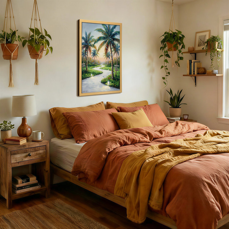 Plantes et fleurs, sentier tropical, palmiers, coucher de soleil, paysage
