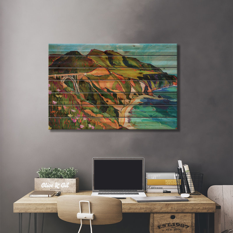«California Coastline On Wood» par Maxine Shore, reproduction, H 18 po x l 26 po x P 1,5 po