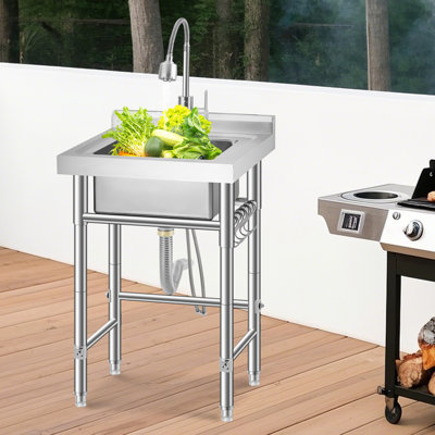 19" Stainless Steel Utility Sink Workstation – Freestanding Sink with Adjustable Height, Faucet, Storage Drawer, Knife Rack, Hooks & Drain Kit – For Kitchen, Laundry, Garage or Outdoor Use